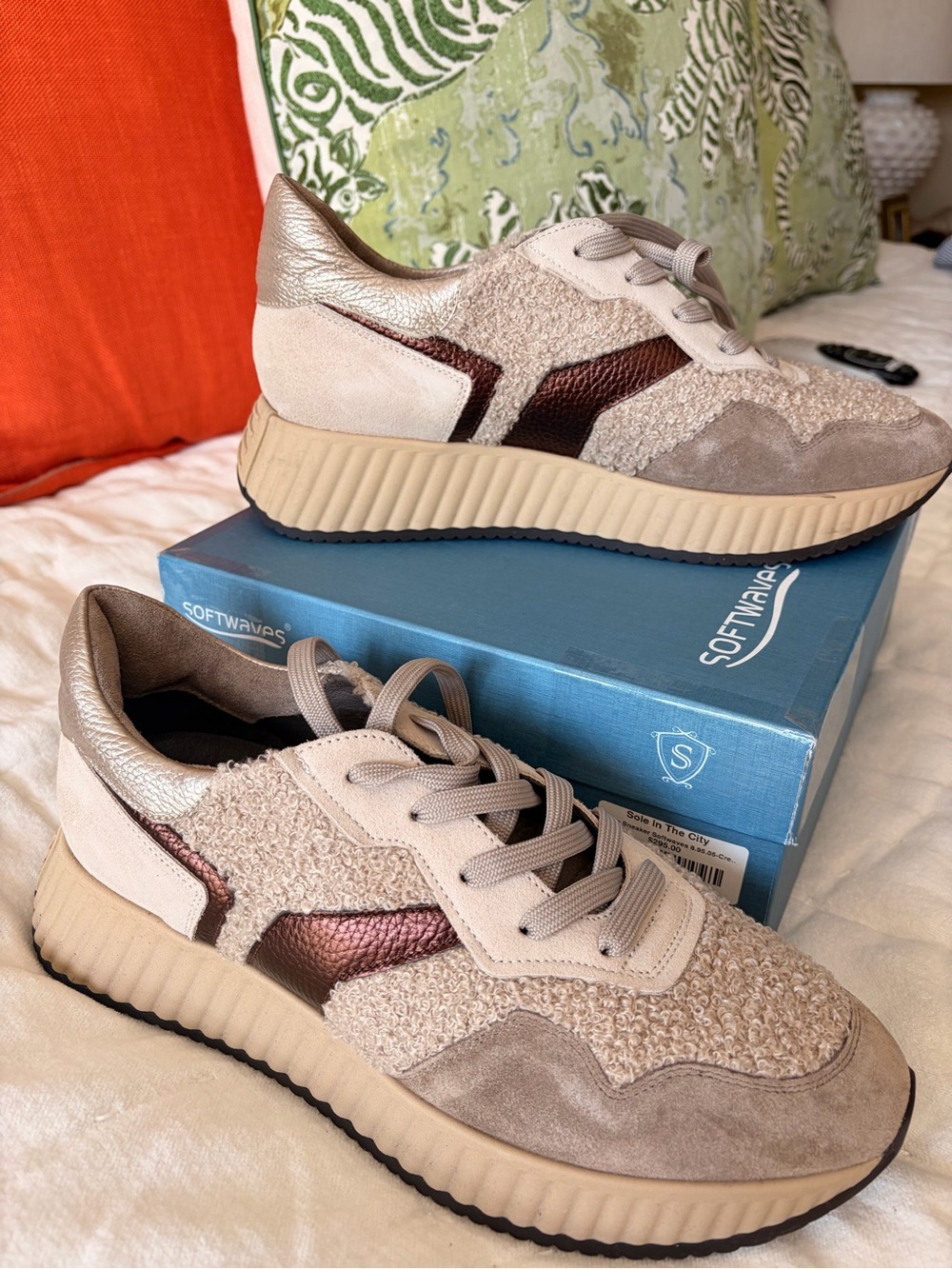 SoftWaves Women's Taupe and Rose Gold Mixed-Material Platform Sneaker
